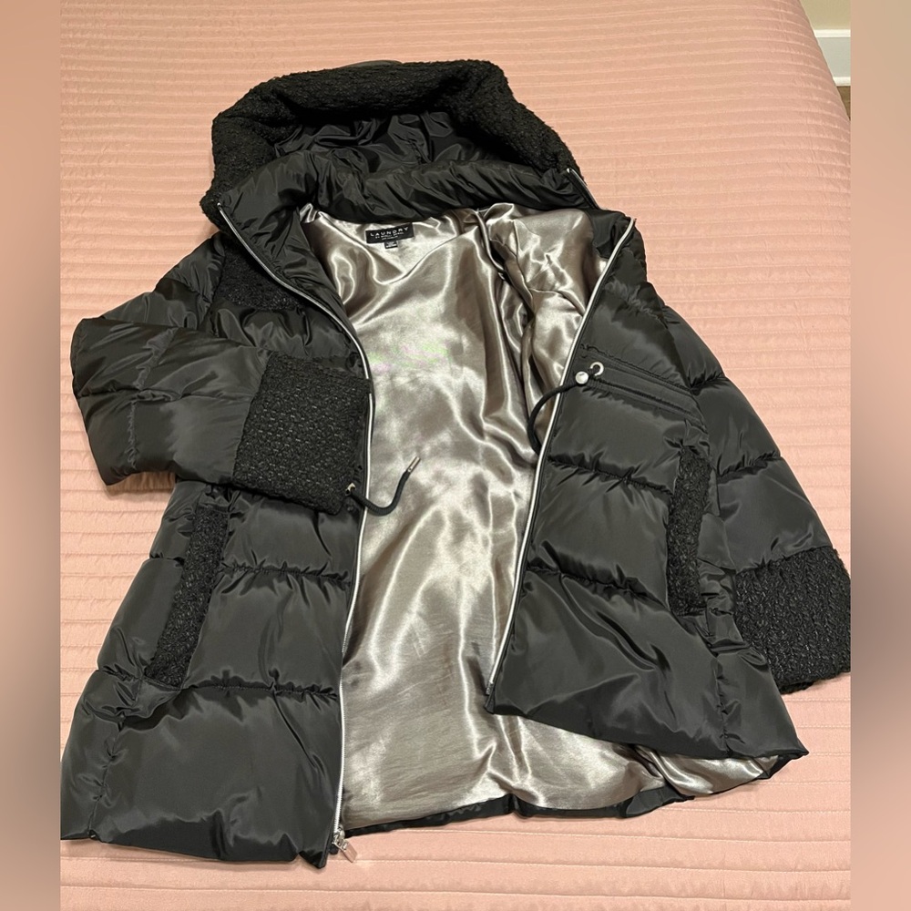 Black Puffer Jacket with Drawstring Waist, Satin Lining, and Tweed Appliqué